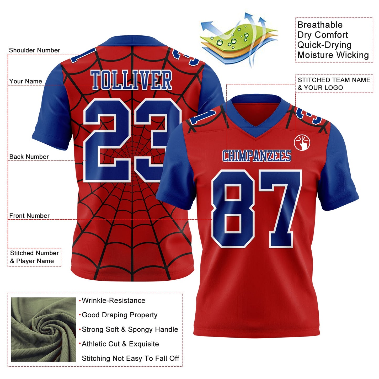Custom Red Royal-White 3D Pattern Spider Web Mesh Authentic Football Jersey - Sky-Custom