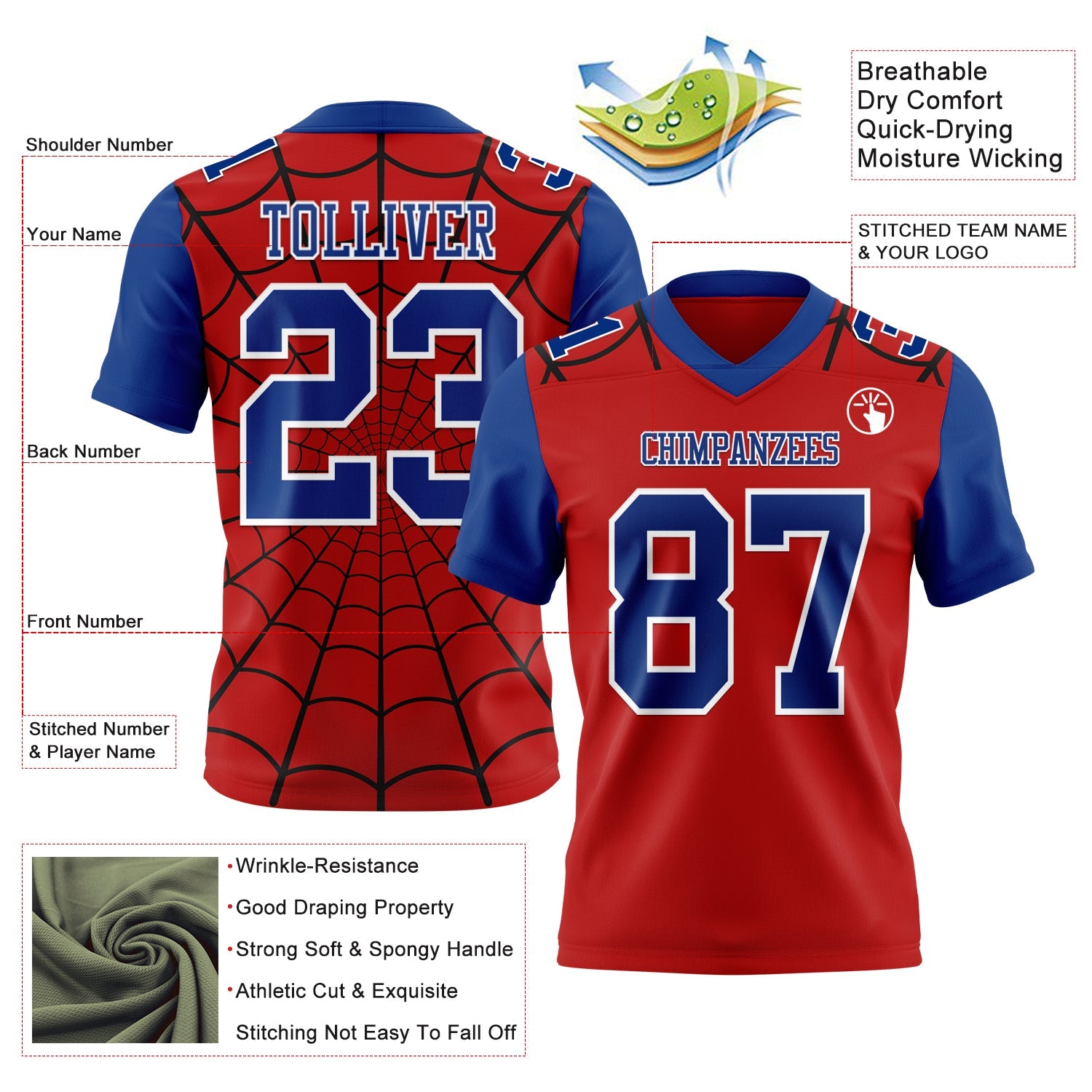 Custom Red Royal-White 3D Pattern Spider Web Mesh Authentic Football Jersey - Sky-Custom