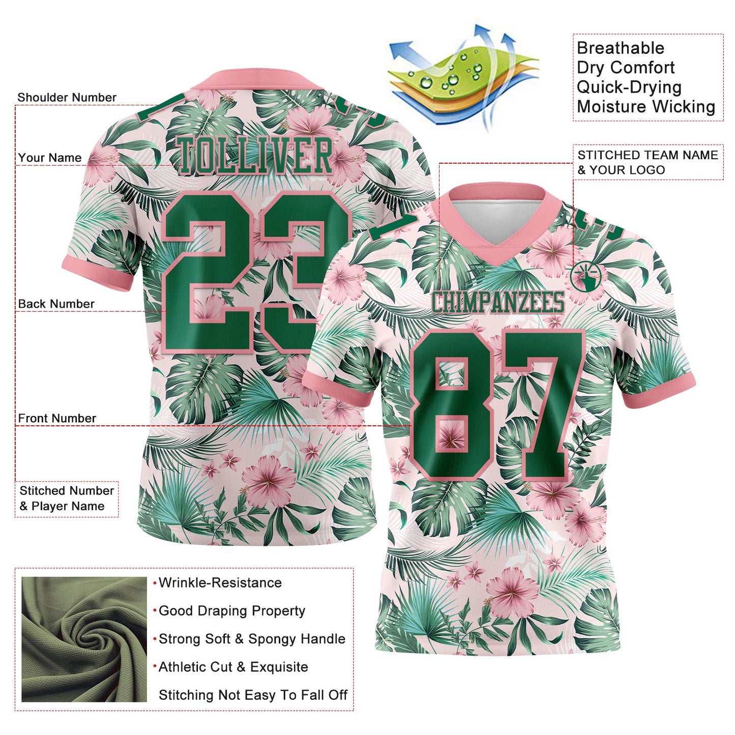 Custom Medium Pink Kelly Green 3D Pattern Hawaii Palm Leaves And Flowers Mesh Authentic Football Jersey - Sky-Custom