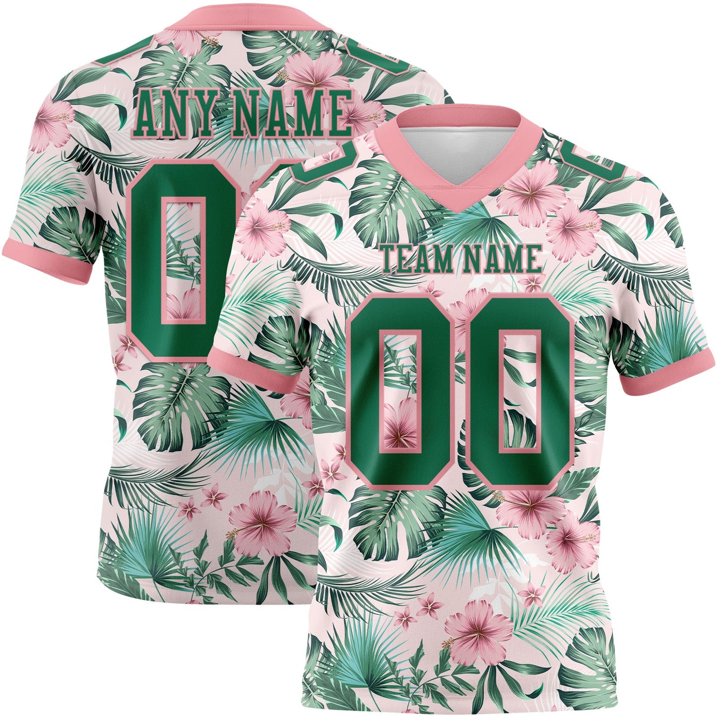Custom Medium Pink Kelly Green 3D Pattern Hawaii Palm Leaves And Flowers Mesh Authentic Football Jersey - Sky-Custom