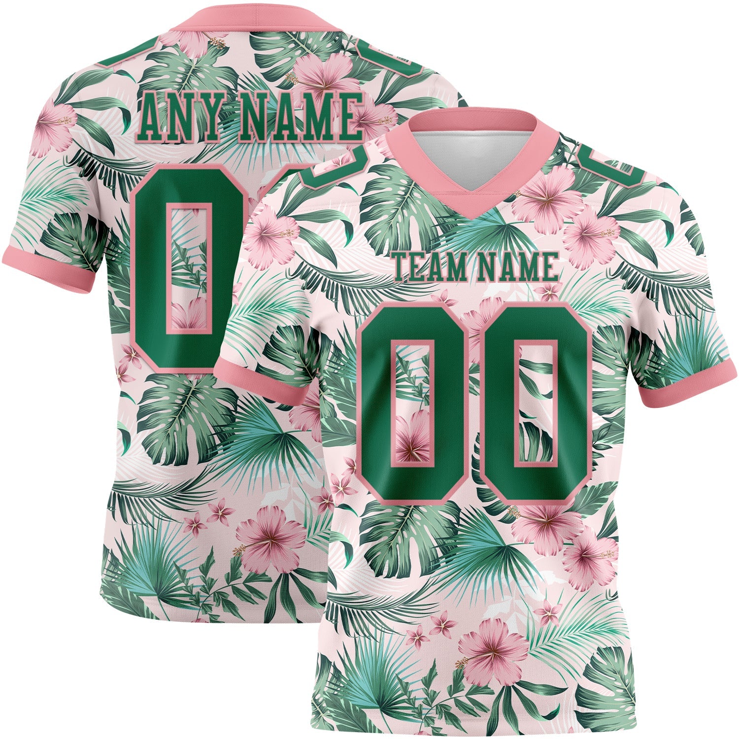 Custom Medium Pink Kelly Green 3D Pattern Hawaii Palm Leaves And Flowers Mesh Authentic Football Jersey - Sky-Custom