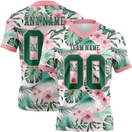 Custom Medium Pink Kelly Green 3D Pattern Hawaii Palm Leaves And Flowers Mesh Authentic Football Jersey - Sky-Custom