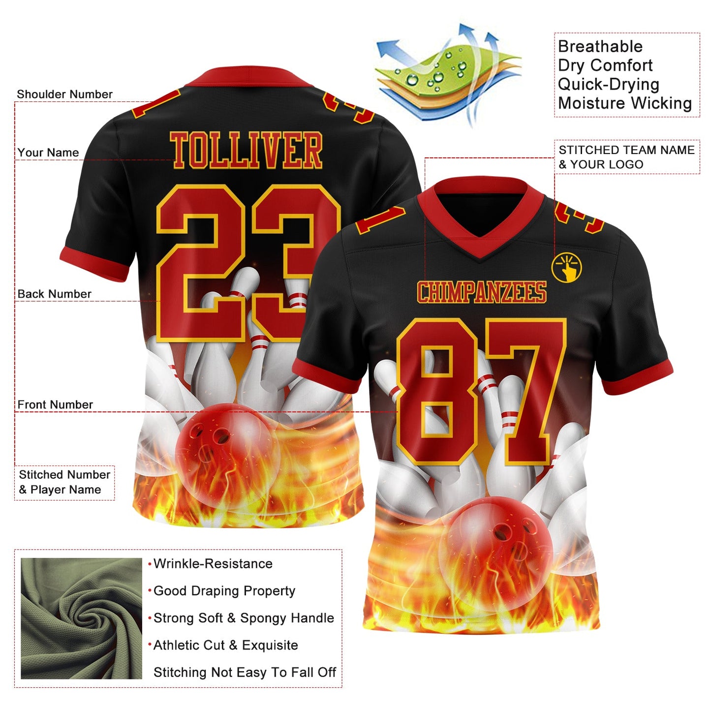 Custom Black Red-Yellow 3D Pattern Flame Bowling Mesh Authentic Football Jersey - Sky-Custom