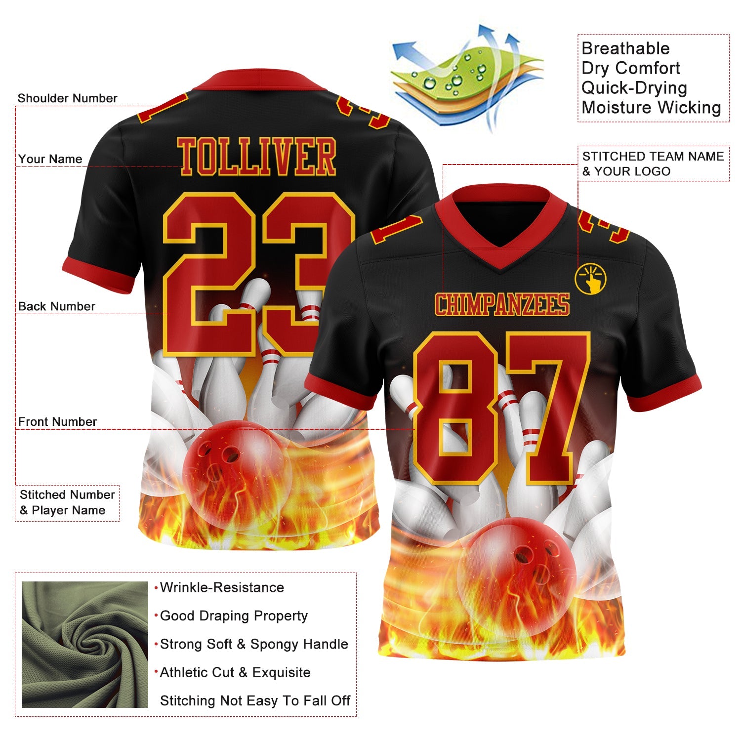 Custom Black Red-Yellow 3D Pattern Flame Bowling Mesh Authentic Football Jersey - Sky-Custom