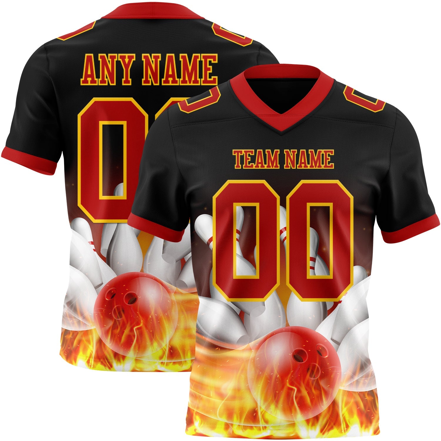 Custom Black Red-Yellow 3D Pattern Flame Bowling Mesh Authentic Football Jersey - Sky-Custom