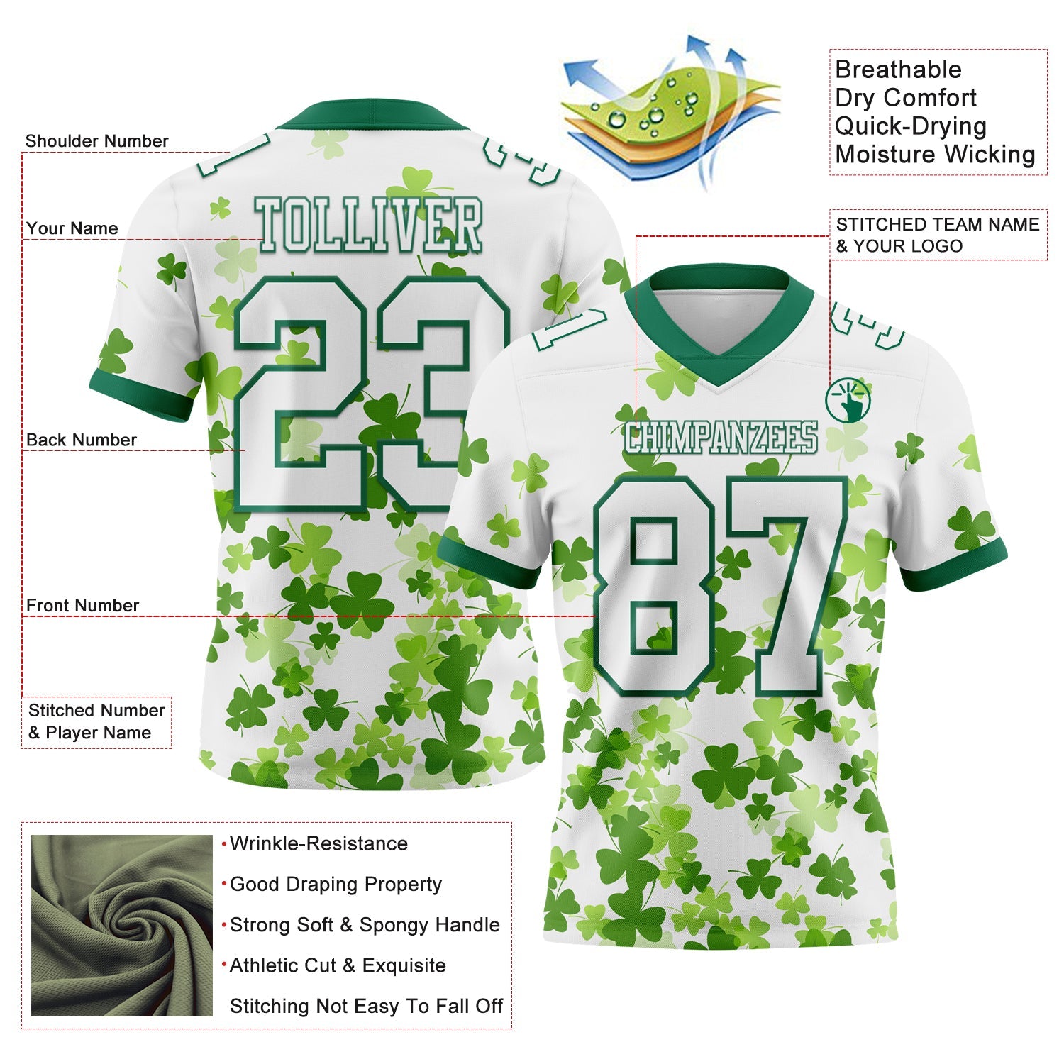 Custom White Kelly Green 3D Pattern St. Patrick's Day Mesh Authentic Football Jersey - Sky-Custom