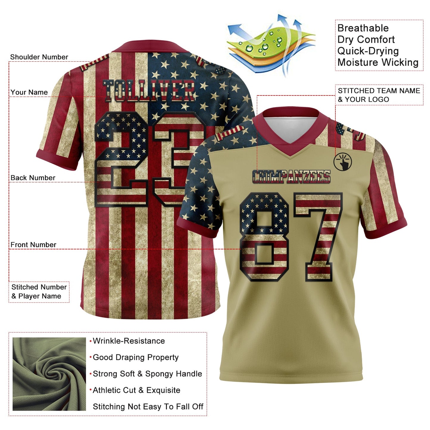 Custom Cream Vintage USA Flag Crimson-Black 3D Pattern Mesh Authentic Football Jersey - Sky-Custom
