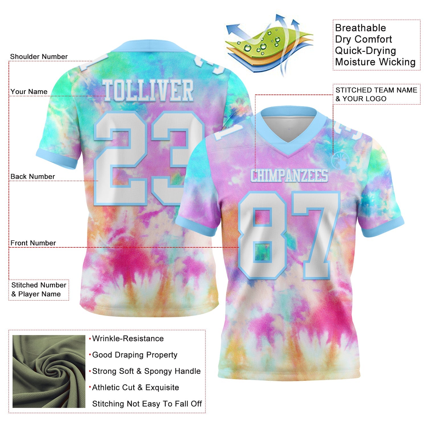 Custom Tie Dye White-Light Blue 3D Pattern Rainbow Mesh Authentic Football Jersey - Sky-Custom