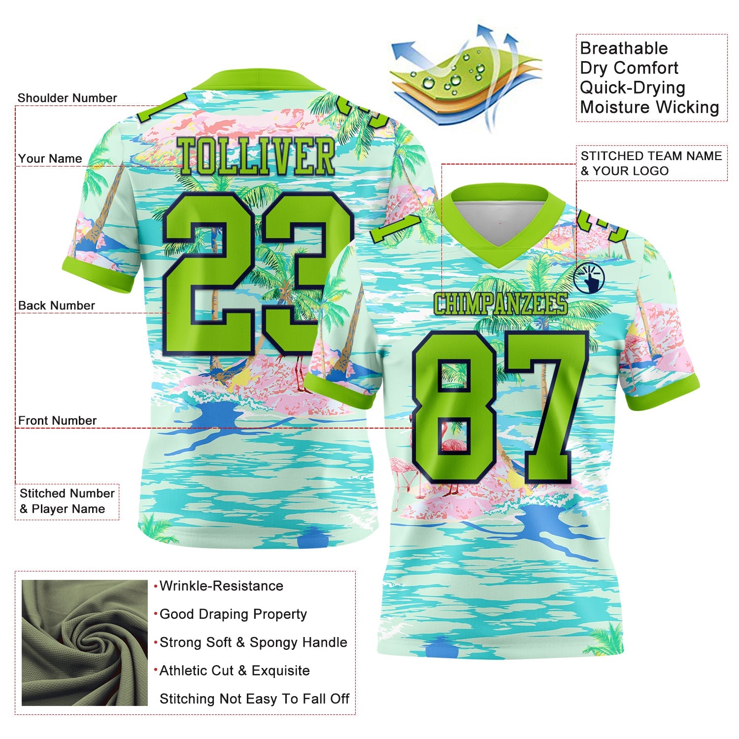 Custom Lakes Blue Neon Green-Navy 3D Pattern Beach Hawaii Palm Trees And Flamingo Mesh Authentic Football Jersey - Sky-Custom