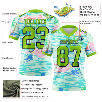 Custom Lakes Blue Neon Green-Navy 3D Pattern Beach Hawaii Palm Trees And Flamingo Mesh Authentic Football Jersey - Sky-Custom