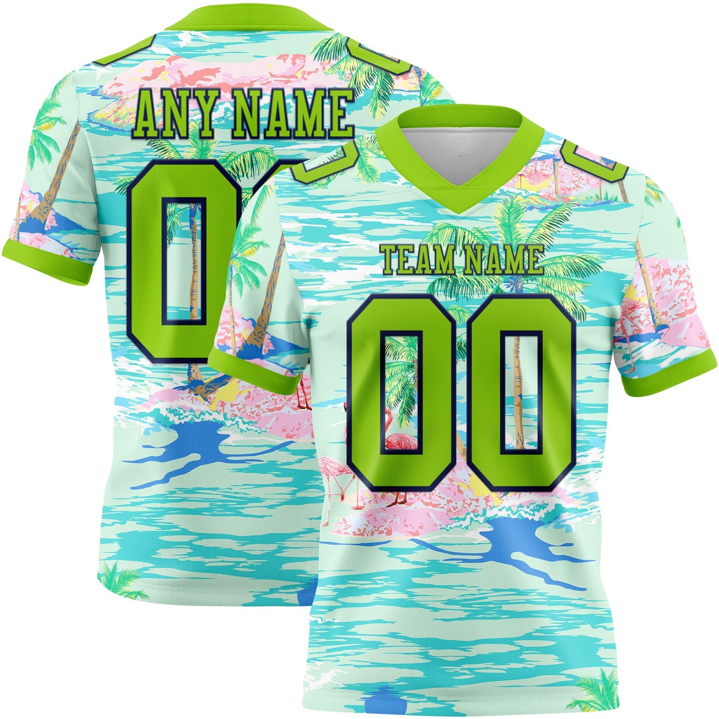 Custom Lakes Blue Neon Green-Navy 3D Pattern Beach Hawaii Palm Trees And Flamingo Mesh Authentic Football Jersey - Sky-Custom