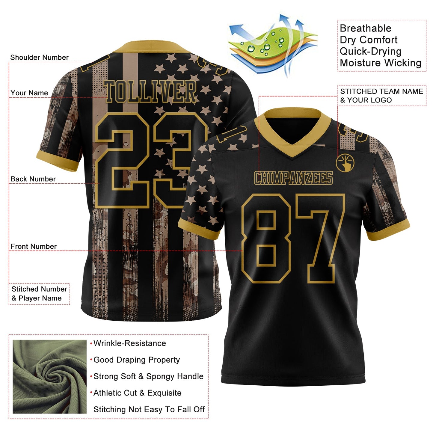 Custom Black Old Gold 3D Pattern American Flag Mesh Authentic Football Jersey - Sky-Custom