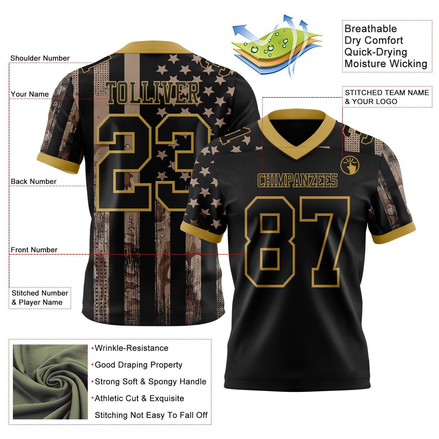Custom Black Old Gold 3D Pattern American Flag Mesh Authentic Football Jersey - Sky-Custom