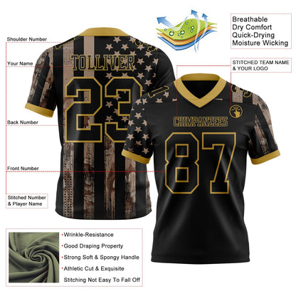 Custom Black Old Gold 3D Pattern American Flag Mesh Authentic Football Jersey - Sky-Custom