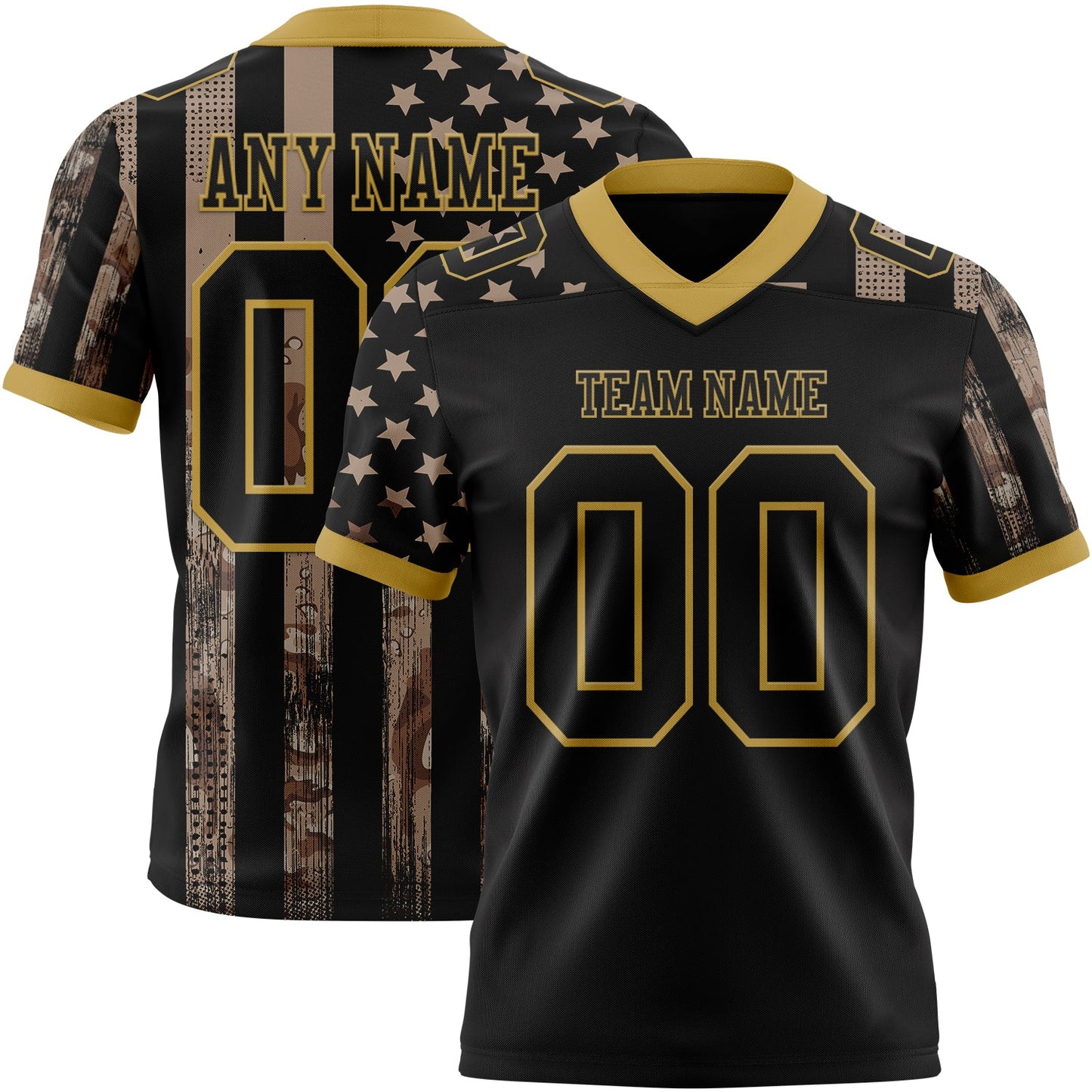 Custom Black Old Gold 3D Pattern American Flag Mesh Authentic Football Jersey - Sky-Custom