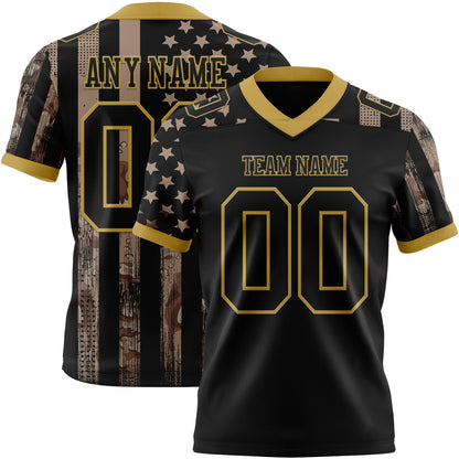 Custom Black Old Gold 3D Pattern American Flag Mesh Authentic Football Jersey - Sky-Custom