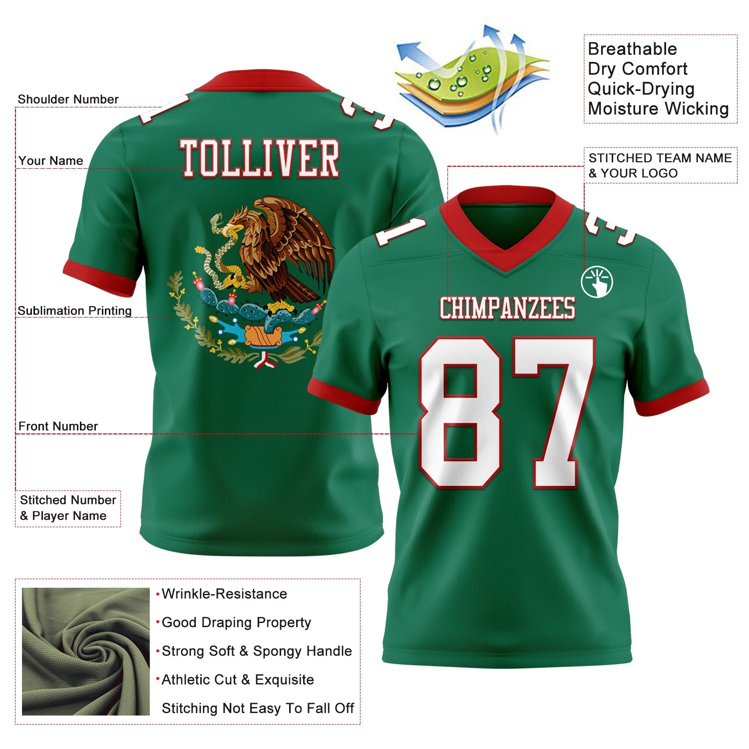 Custom Kelly Green White-Red 3D Pattern Mexico Mesh Authentic Football Jersey - Sky-Custom