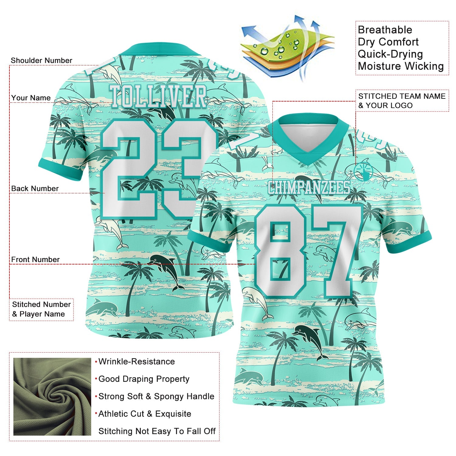 Custom Aqua White 3D Pattern Hawaii Palm Trees Mesh Authentic Football Jersey - Sky-Custom