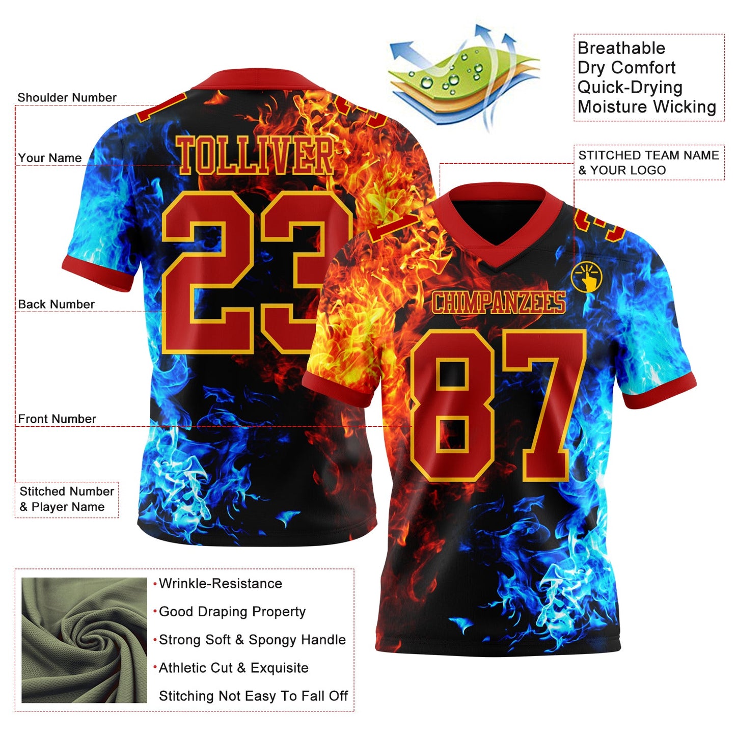 Custom Red Gold 3D Pattern Flame Mesh Authentic Football Jersey - Sky-Custom