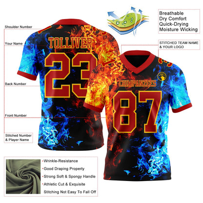 Custom Red Gold 3D Pattern Flame Mesh Authentic Football Jersey - Sky-Custom