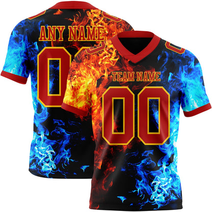 Custom Red Gold 3D Pattern Flame Mesh Authentic Football Jersey - Sky-Custom