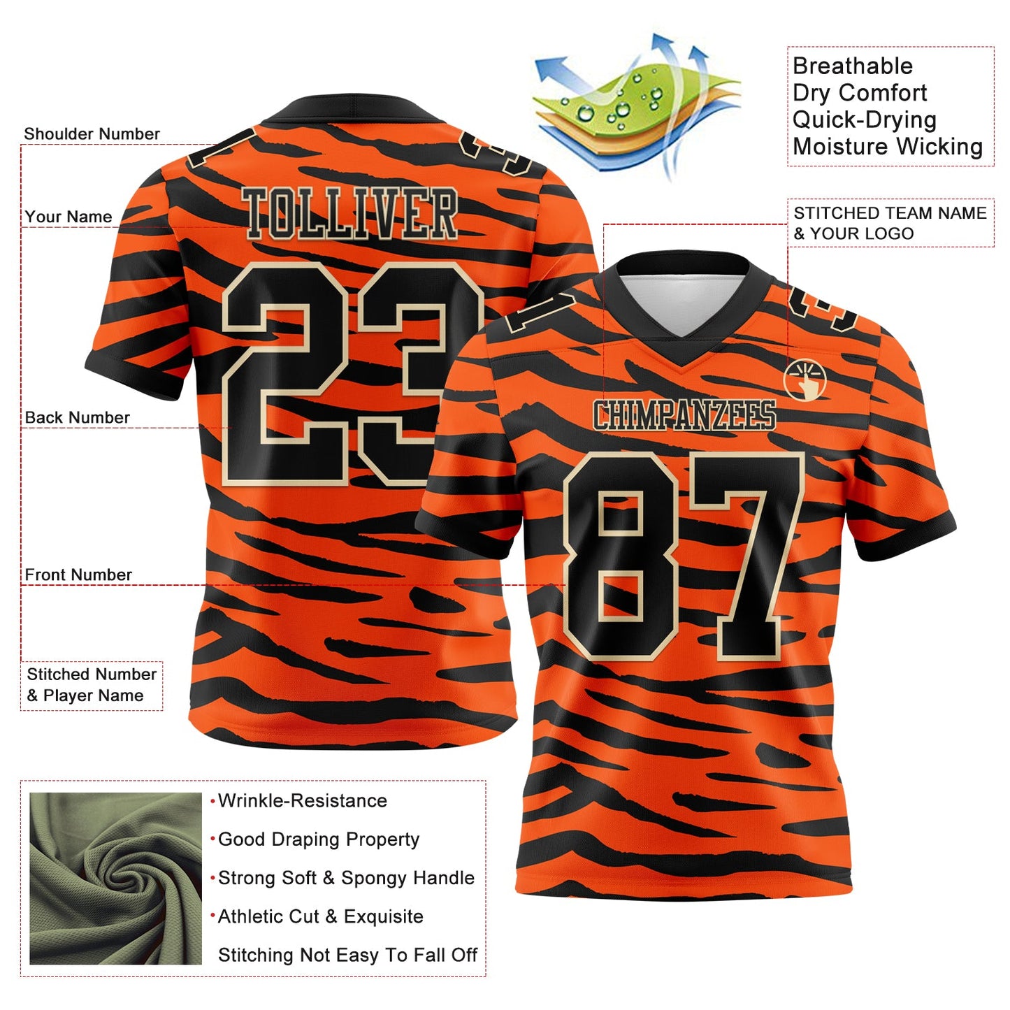 Custom Orange Black-Cream 3D Pattern Tiger Print Mesh Authentic Football Jersey - Sky-Custom