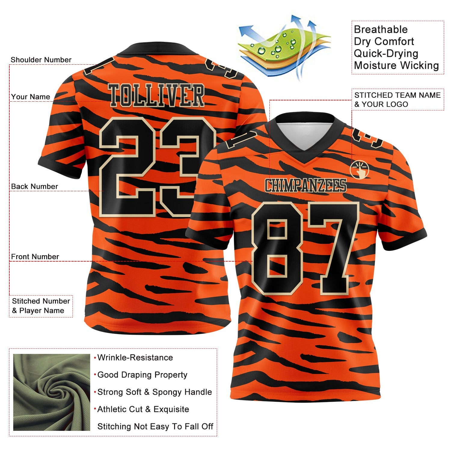 Custom Orange Black-Cream 3D Pattern Tiger Print Mesh Authentic Football Jersey - Sky-Custom