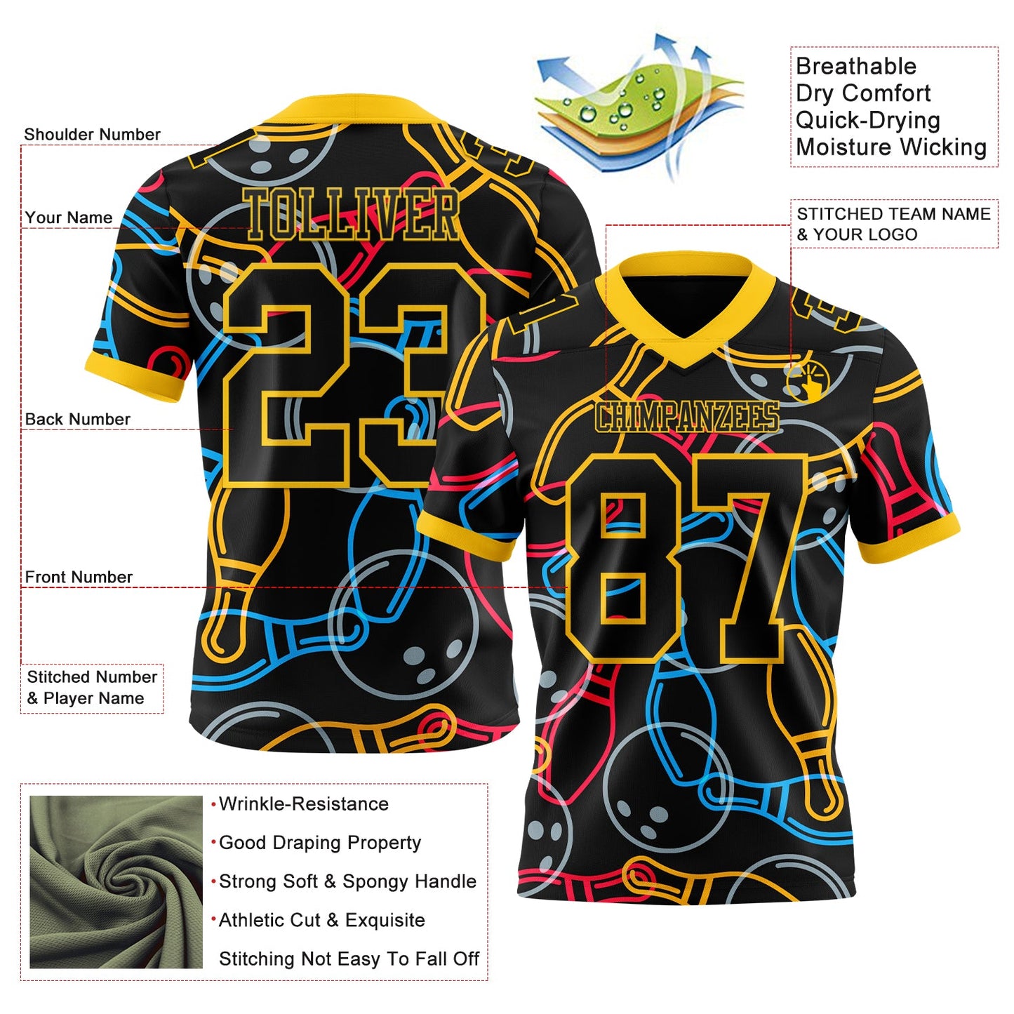 Custom Black Yellow 3D Pattern Bowling Mesh Authentic Football Jersey - Sky-Custom