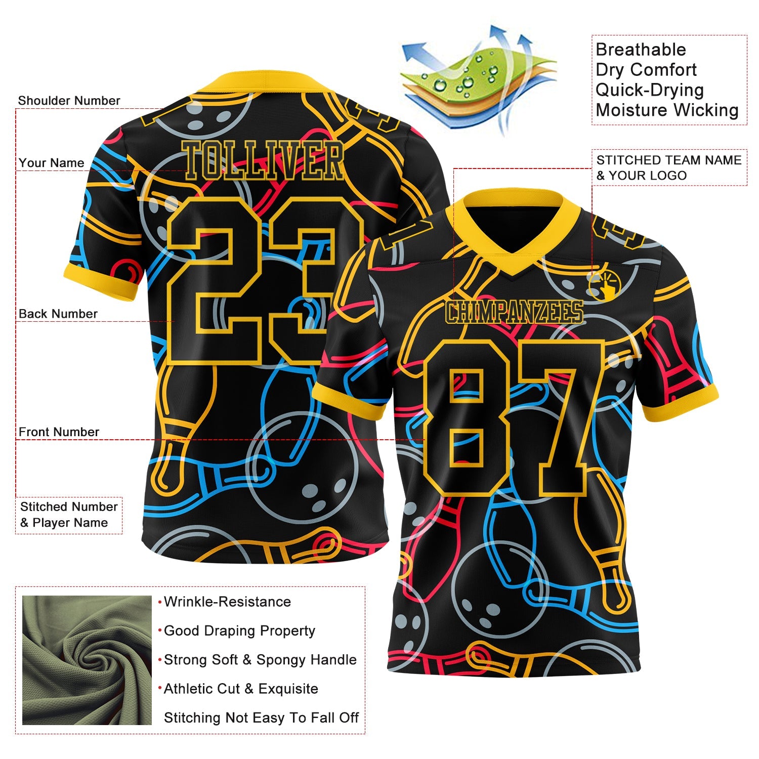 Custom Black Yellow 3D Pattern Bowling Mesh Authentic Football Jersey - Sky-Custom