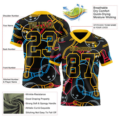 Custom Black Yellow 3D Pattern Bowling Mesh Authentic Football Jersey - Sky-Custom