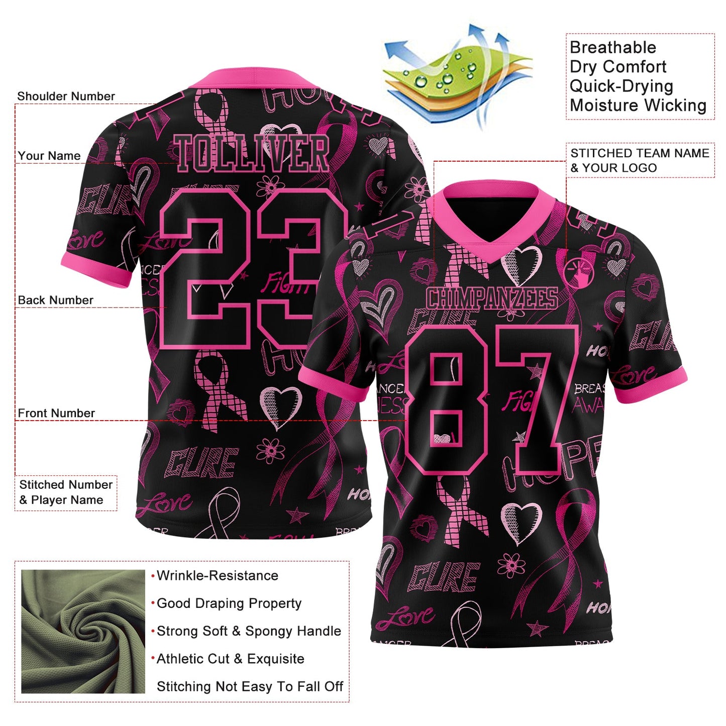 Custom Black Pink 3D Pattern Pink Ribbon Breast Cancer Awareness Month Women Health Care Support Mesh Authentic Football Jersey - Sky-Custom