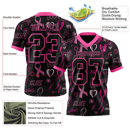 Custom Black Pink 3D Pattern Pink Ribbon Breast Cancer Awareness Month Women Health Care Support Mesh Authentic Football Jersey - Sky-Custom