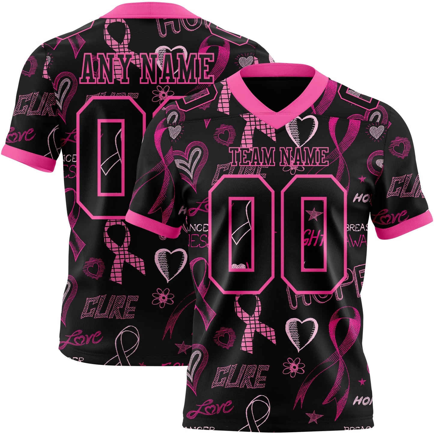 Custom Black Pink 3D Pattern Pink Ribbon Breast Cancer Awareness Month Women Health Care Support Mesh Authentic Football Jersey - Sky-Custom