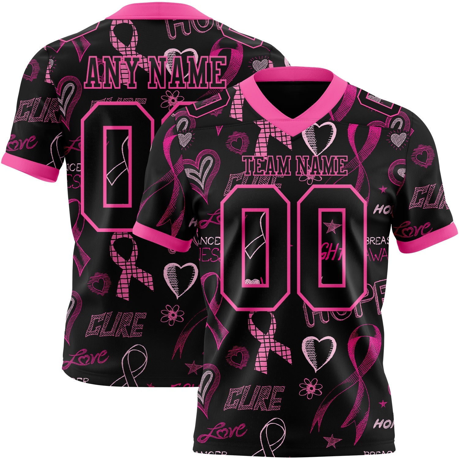 Custom Black Pink 3D Pattern Pink Ribbon Breast Cancer Awareness Month Women Health Care Support Mesh Authentic Football Jersey - Sky-Custom