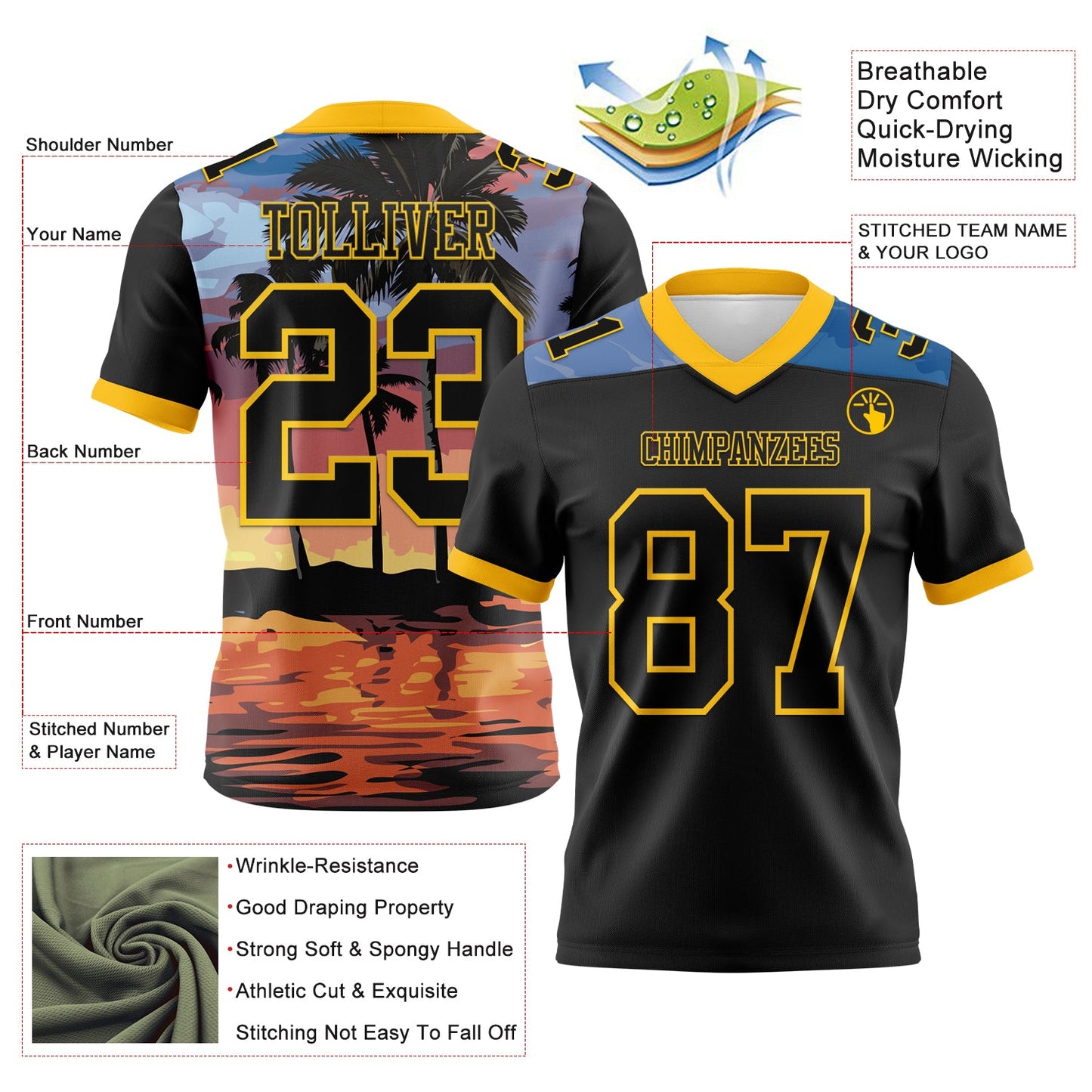 Custom Black Yellow 3D Pattern Tropical Hawaii Palm Trees Mesh Authentic Football Jersey - Sky-Custom