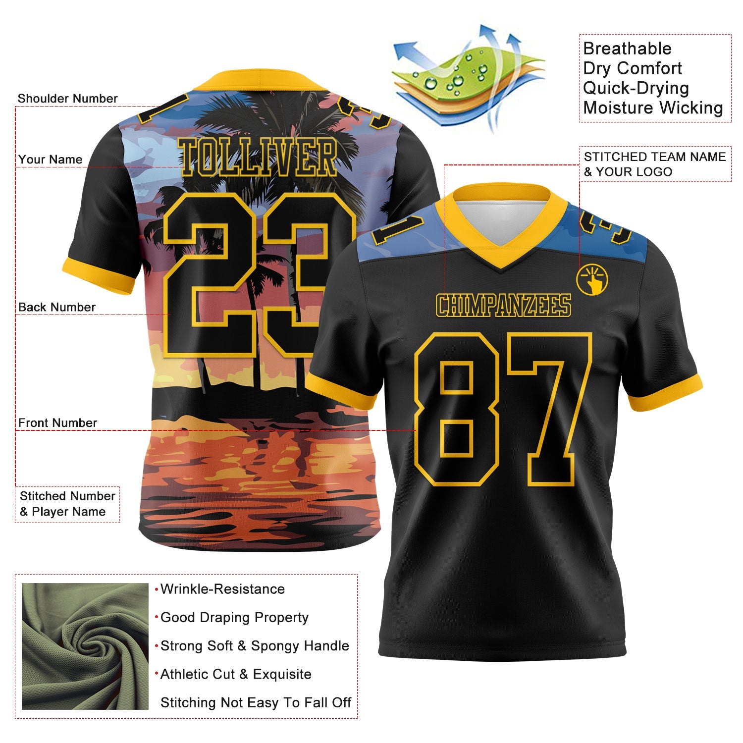 Custom Black Yellow 3D Pattern Tropical Hawaii Palm Trees Mesh Authentic Football Jersey - Sky-Custom