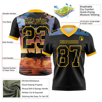 Custom Black Yellow 3D Pattern Tropical Hawaii Palm Trees Mesh Authentic Football Jersey - Sky-Custom