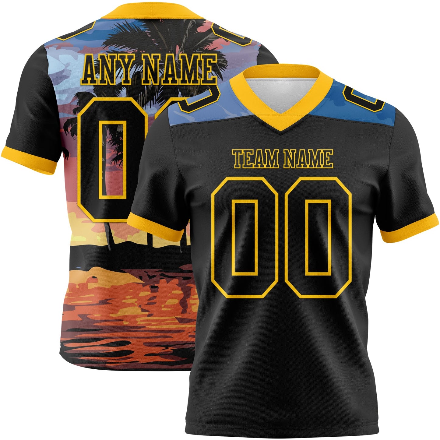 Custom Black Yellow 3D Pattern Tropical Hawaii Palm Trees Mesh Authentic Football Jersey - Sky-Custom