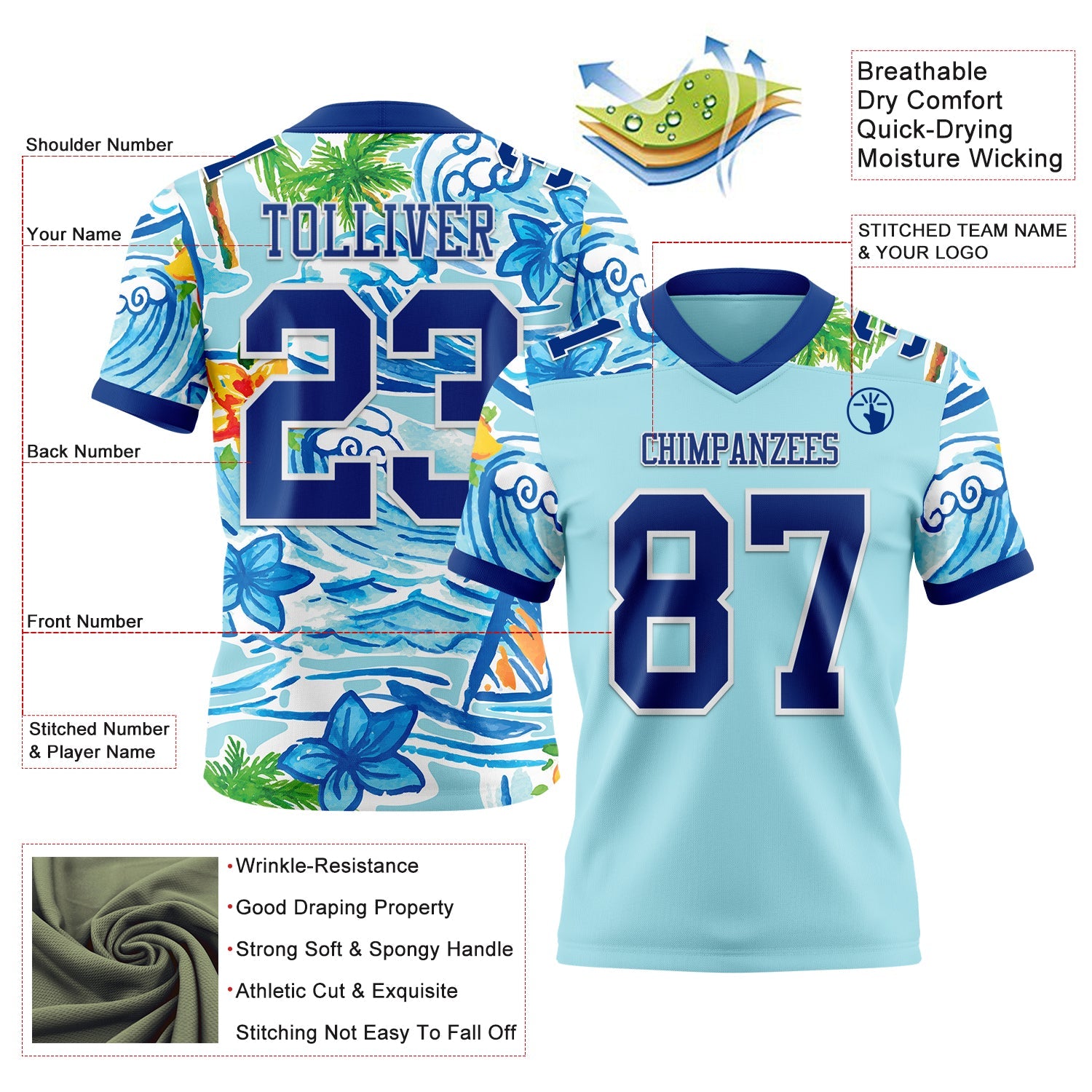Custom Ice Blue Royal-White 3D Pattern Beach Hawaii Palm Trees And Flowers Mesh Authentic Football Jersey - Sky-Custom