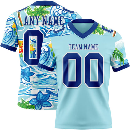 Custom Ice Blue Royal-White 3D Pattern Beach Hawaii Palm Trees And Flowers Mesh Authentic Football Jersey - Sky-Custom