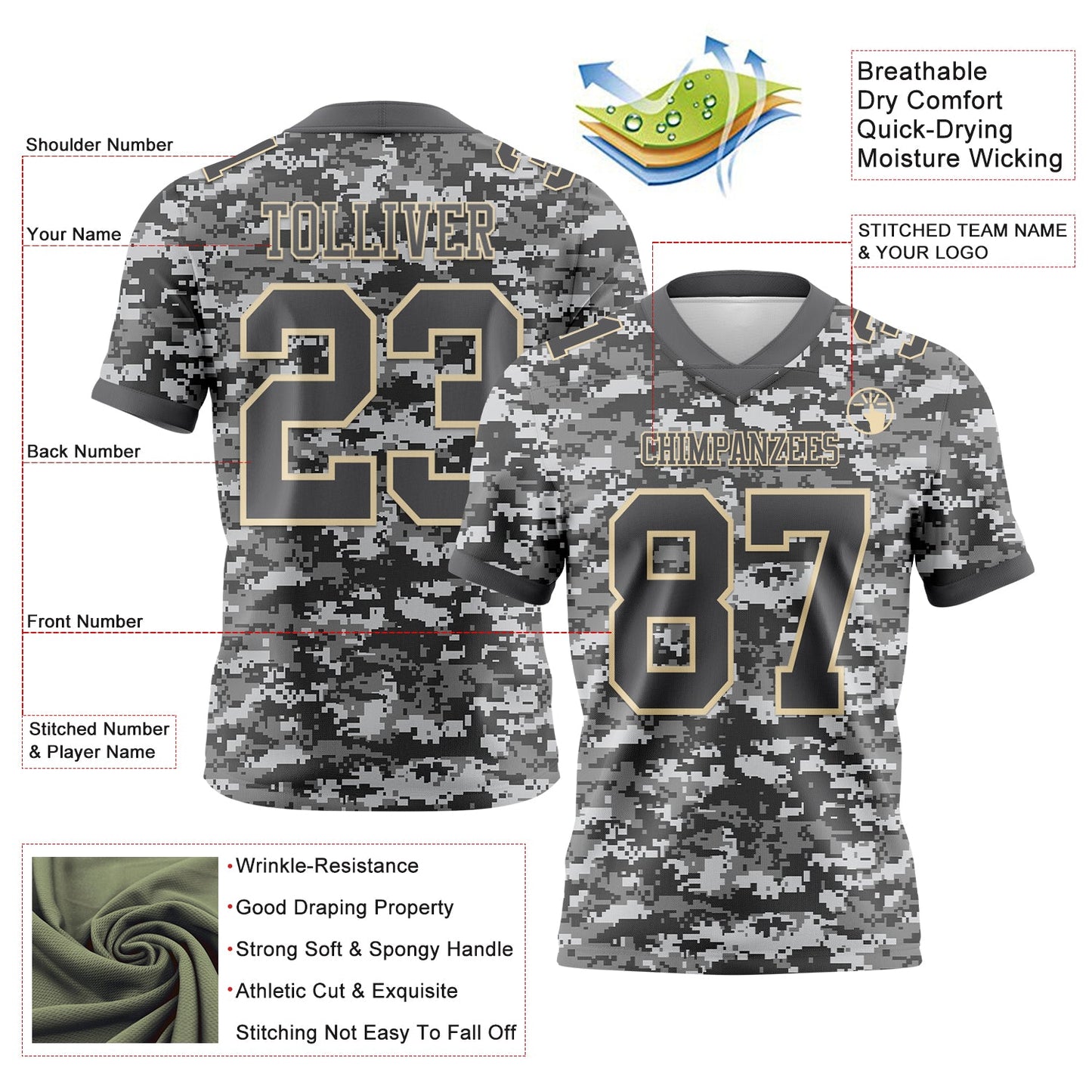 Custom Camo Steel Gray-Cream 3D Pattern Salute To Service Mesh Authentic Football Jersey - Sky-Custom