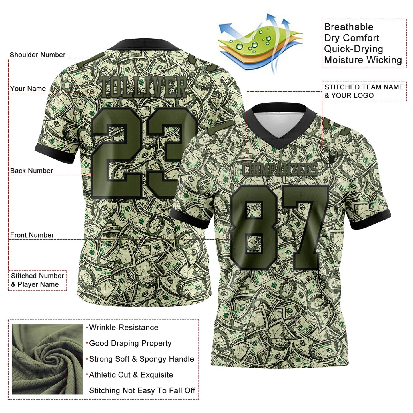 Custom Green Olive-Black 3D Pattern Dollar Mesh Authentic Football Jersey - Sky-Custom