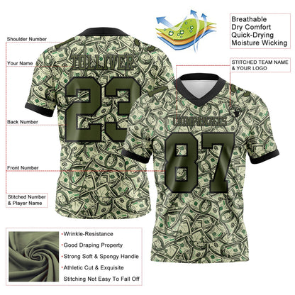Custom Green Olive-Black 3D Pattern Dollar Mesh Authentic Football Jersey - Sky-Custom