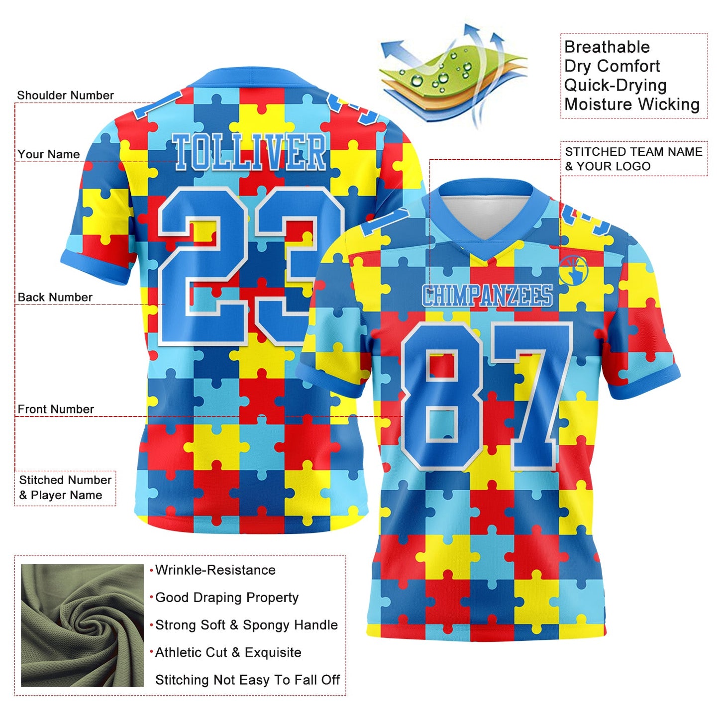 Custom Powder Blue White 3D Pattern Autism Awareness Puzzle Pieces Mesh Authentic Football Jersey - Sky-Custom