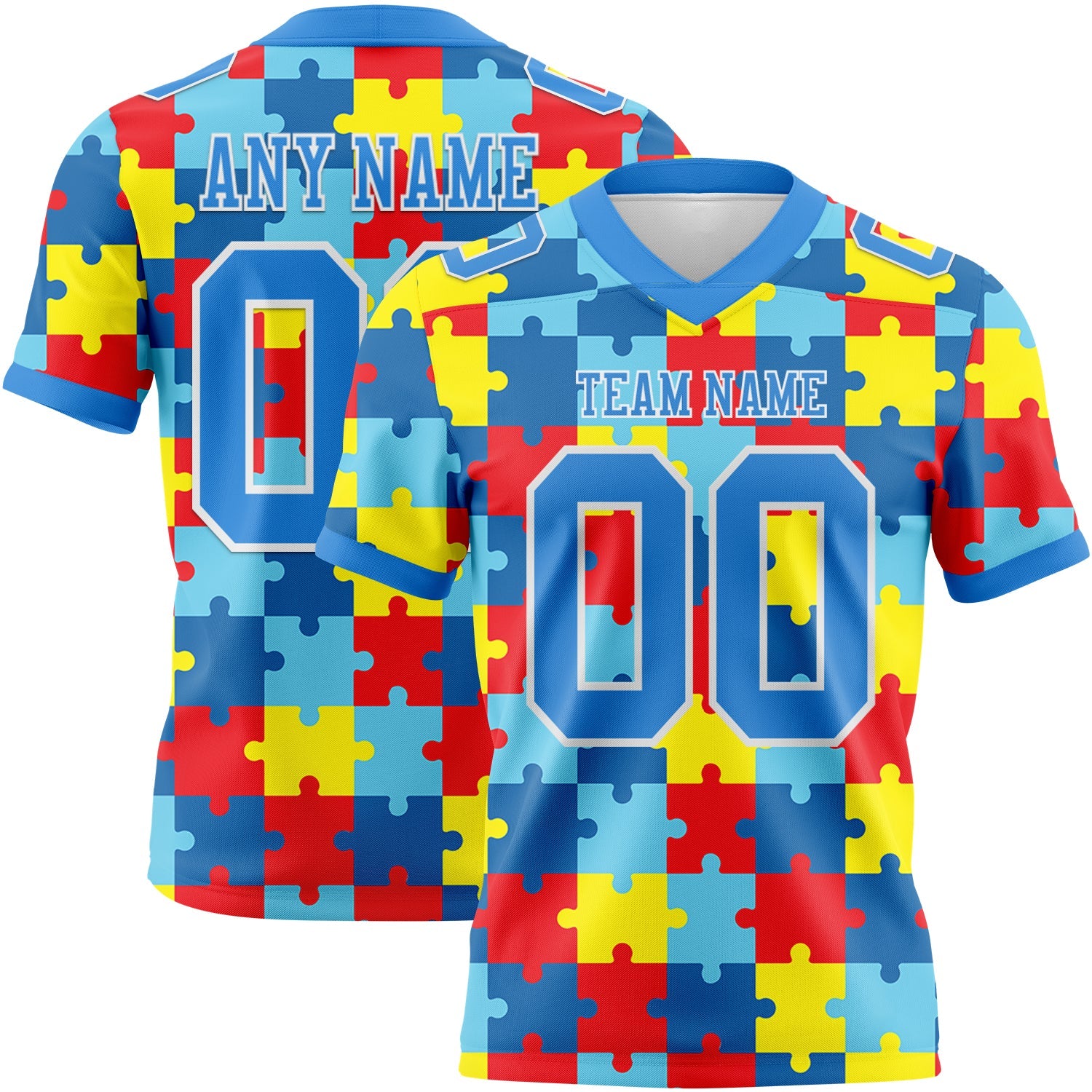 Custom Powder Blue White 3D Pattern Autism Awareness Puzzle Pieces Mesh Authentic Football Jersey - Sky-Custom