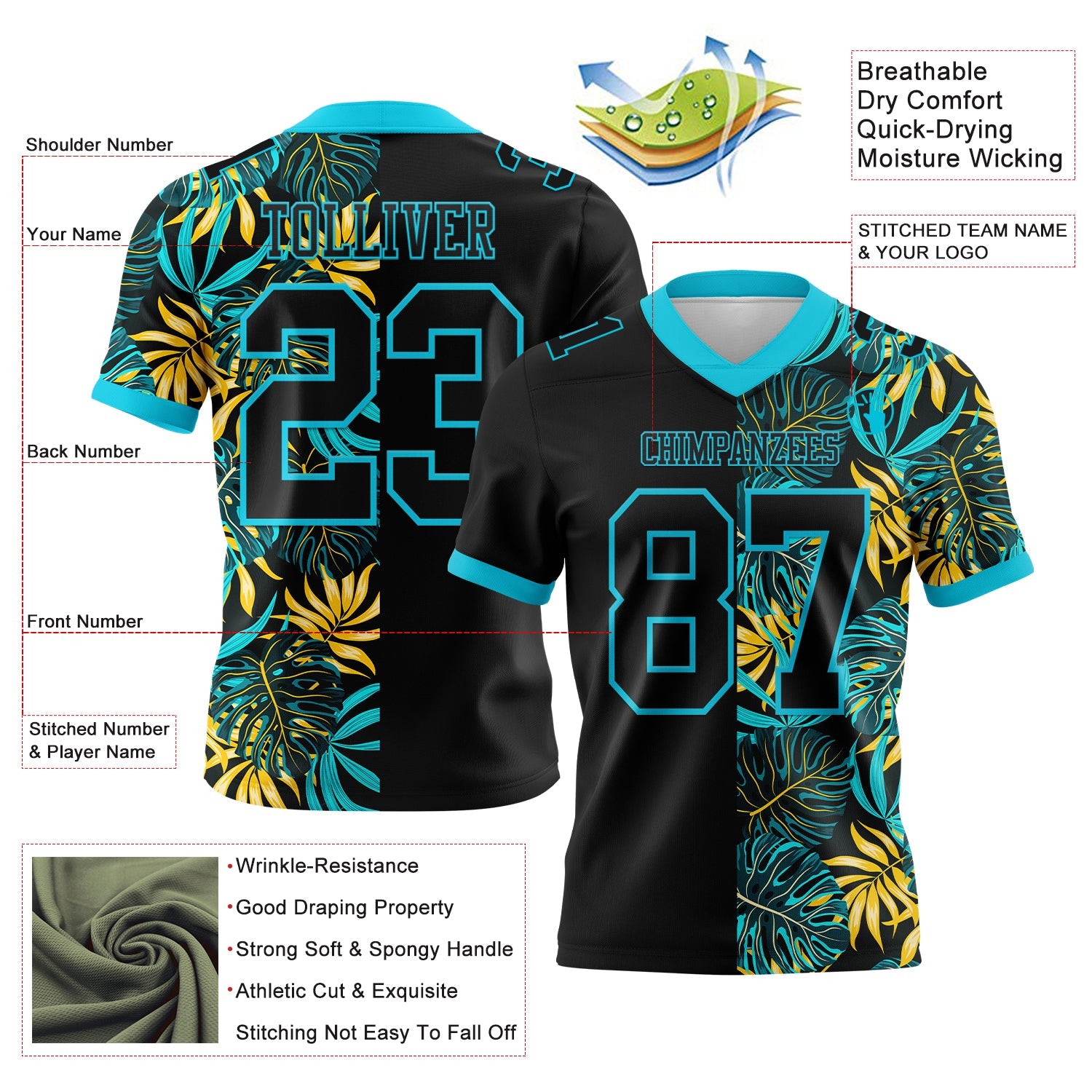 Custom Black Lakes Blue 3D Pattern Beach Tropical Hawaii Palm Leaves Mesh Authentic Football Jersey - Sky-Custom