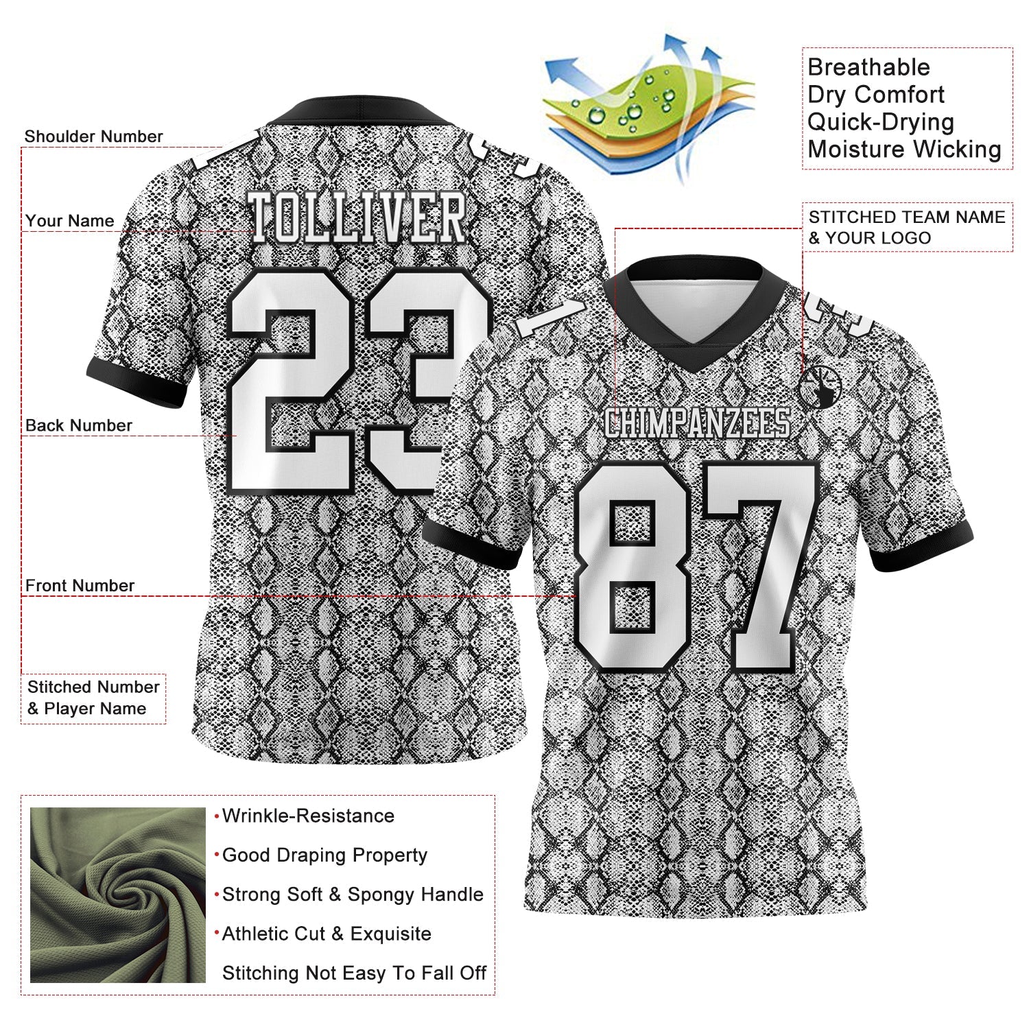 Custom White Black 3D Pattern Snakeskin Print Mesh Authentic Football Jersey - Sky-Custom