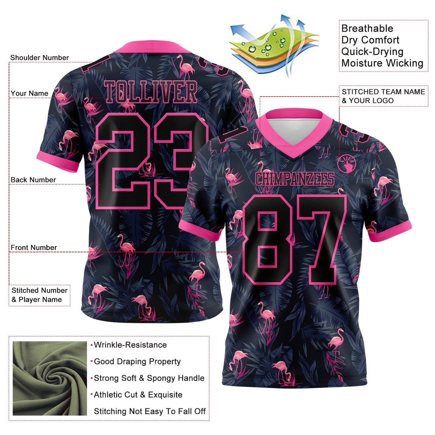 Custom Black Pink 3D Pattern Flamingo Mesh Authentic Football Jersey - Sky-Custom