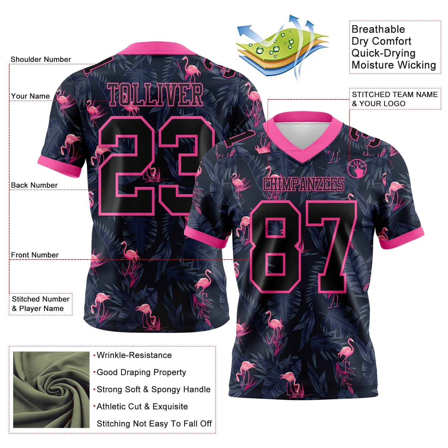 Custom Black Pink 3D Pattern Flamingo Mesh Authentic Football Jersey - Sky-Custom
