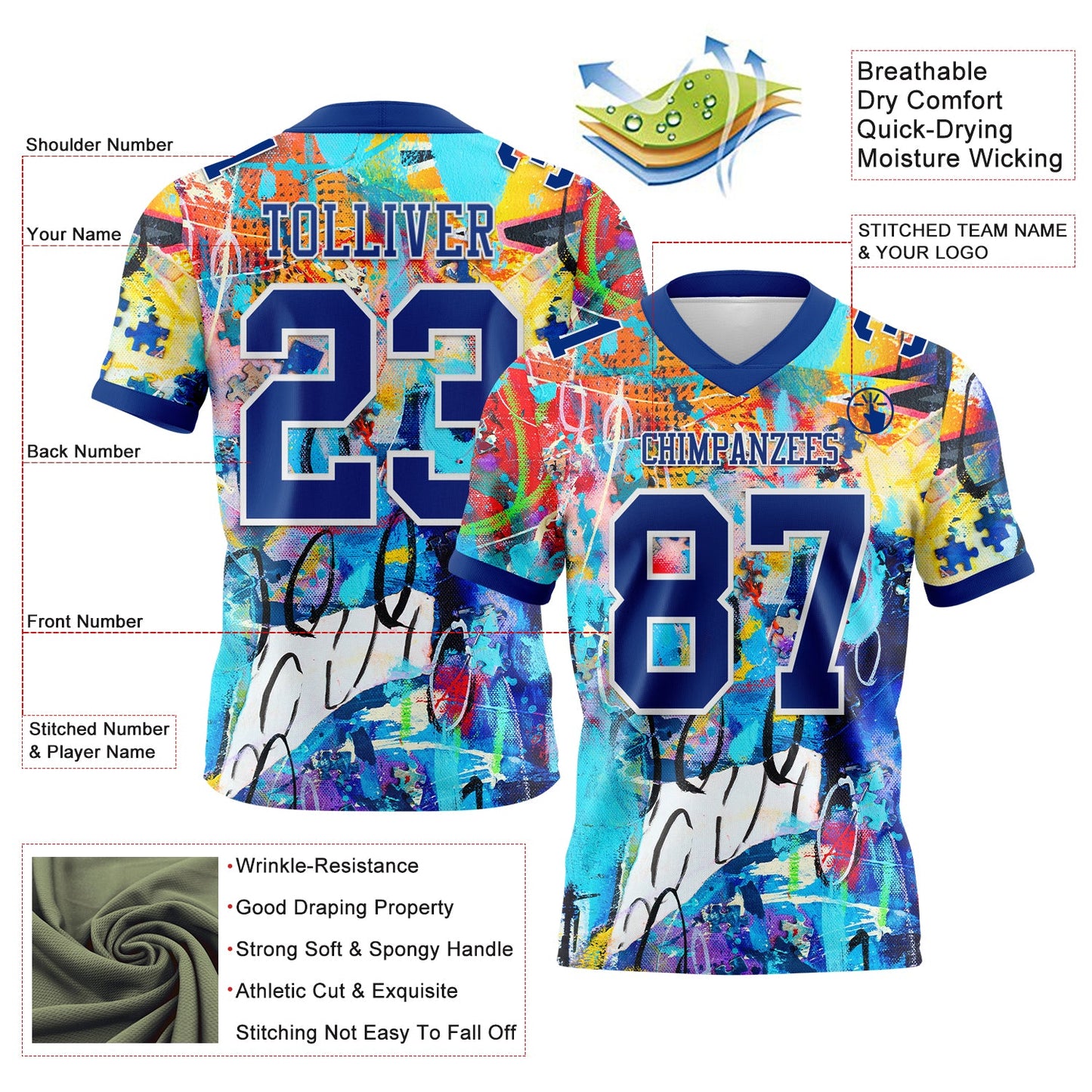 Custom Graffiti Pattern Royal-White 3D Pattern Mesh Authentic Football Jersey - Sky-Custom
